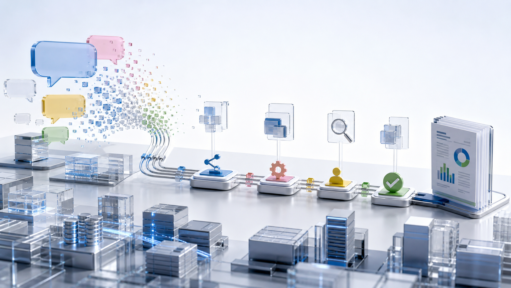 A layered enterprise workflow with an evidence report at the end of an AI execution path