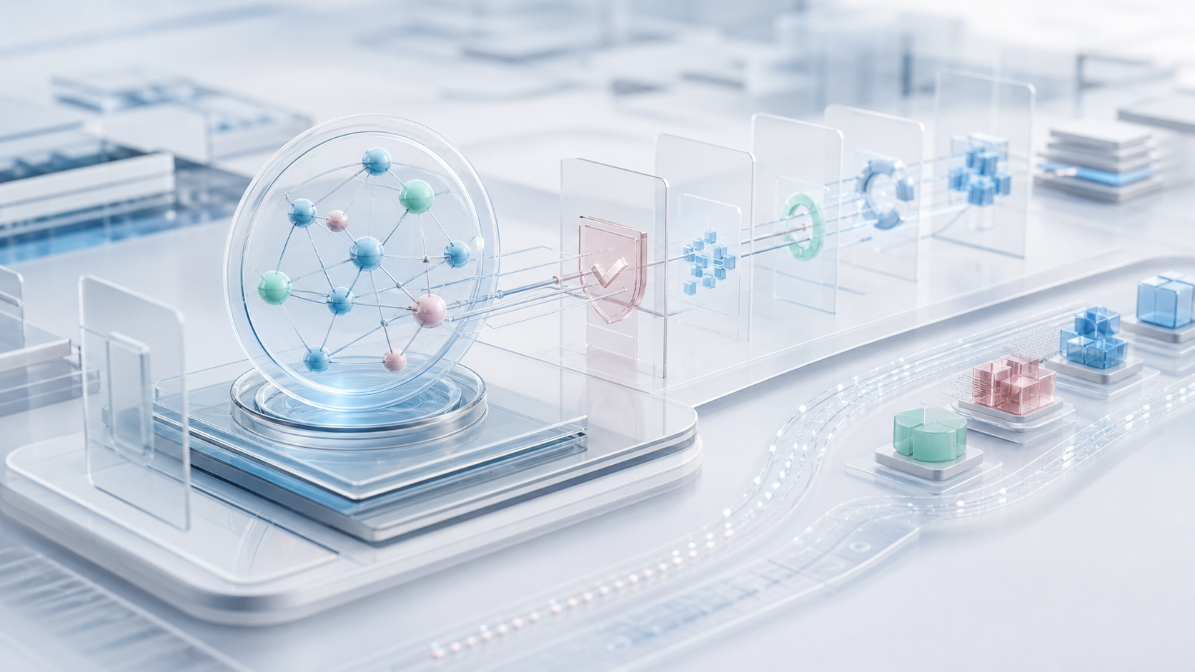 A structured enterprise work route emerging from message bubbles into connected systems