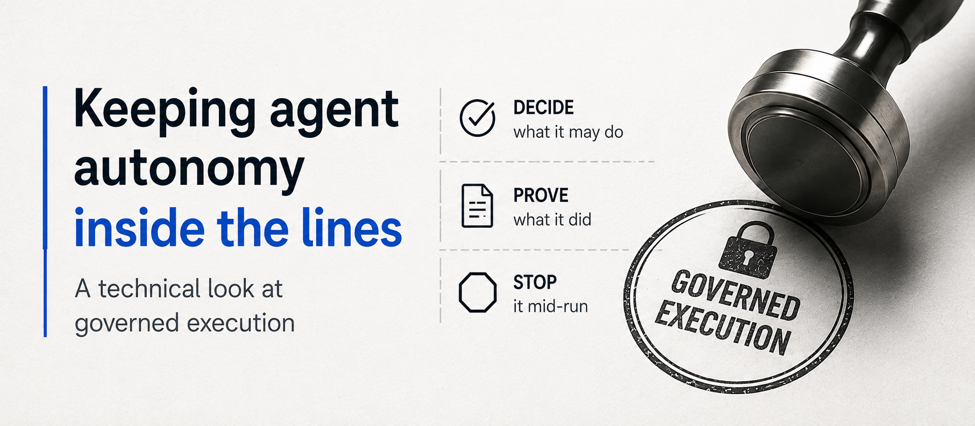 A governed agent run moving through scoped permissions, an approval gate, and an audit log